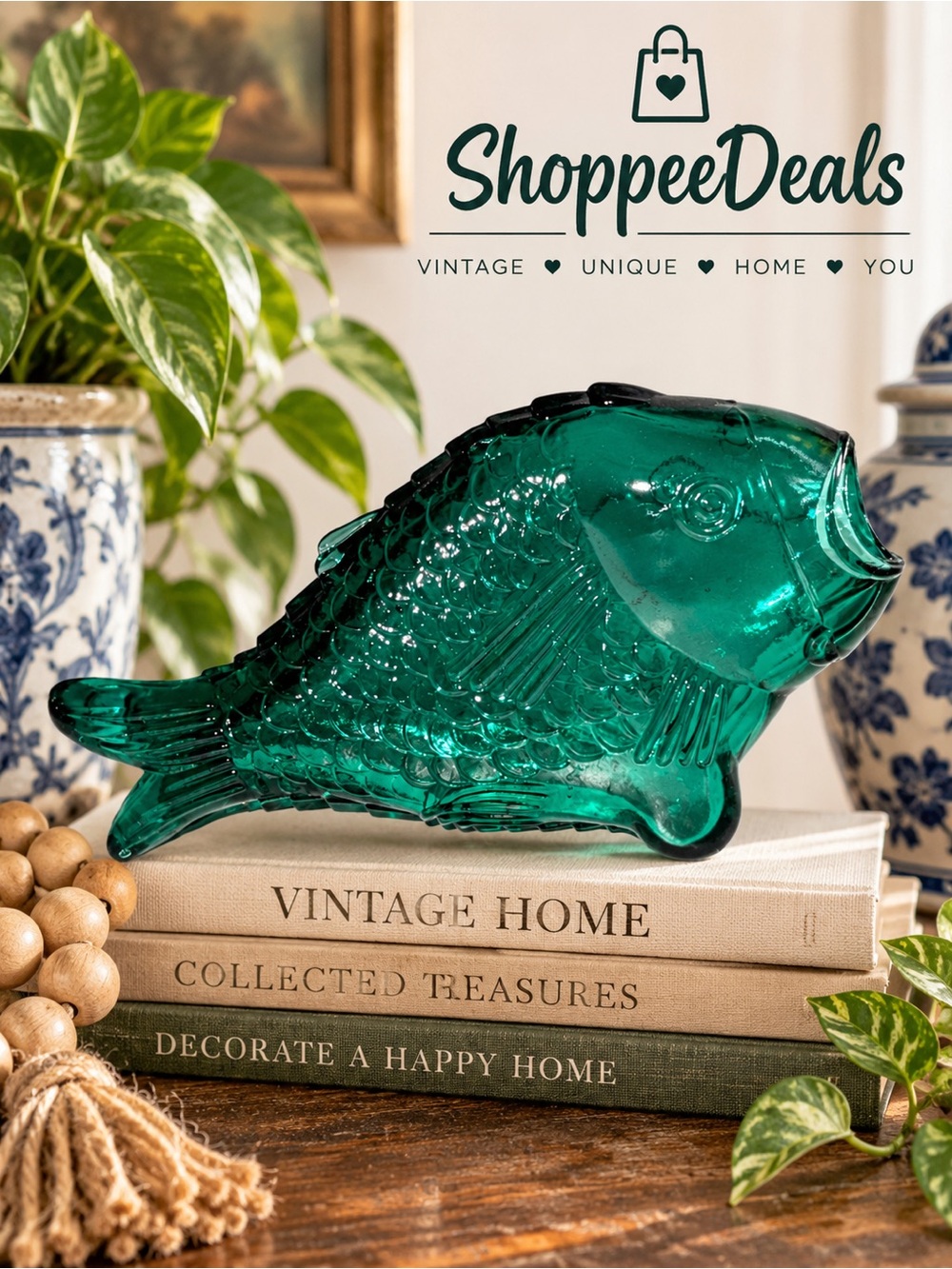 Vintage Emerald Green Pressed Glass Fish Vase / Bottle